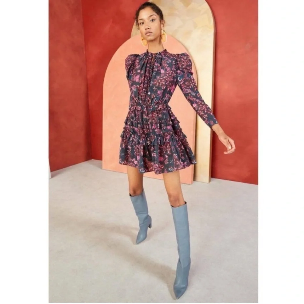 Ulla Johnson Prissa Mini Dress Size 2 Midnight‎ Floral Cotton Ruffle Puff Sleeve